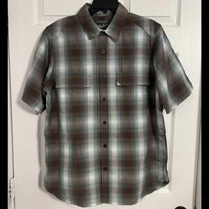 woolrich Men’s Large Short Sleeve Brown & Blue Plaid Button Up Shirt